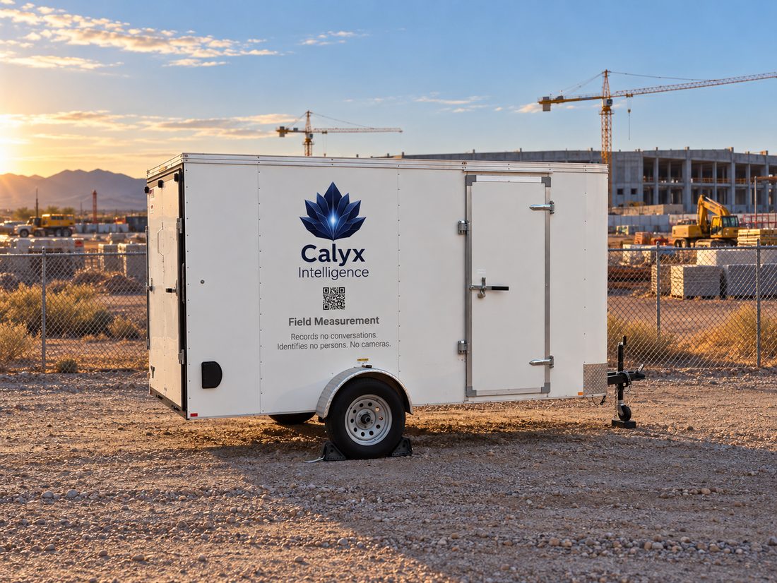 White cargo trailer with the Calyx Intelligence logo, Field Measurement, and the privacy statement on its side, parked on gravel at the edge of a desert construction site.