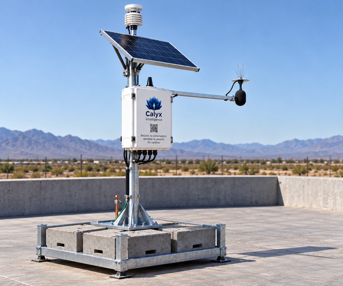 Field node on a galvanized frame weighted with concrete blocks on a flat concrete surface.