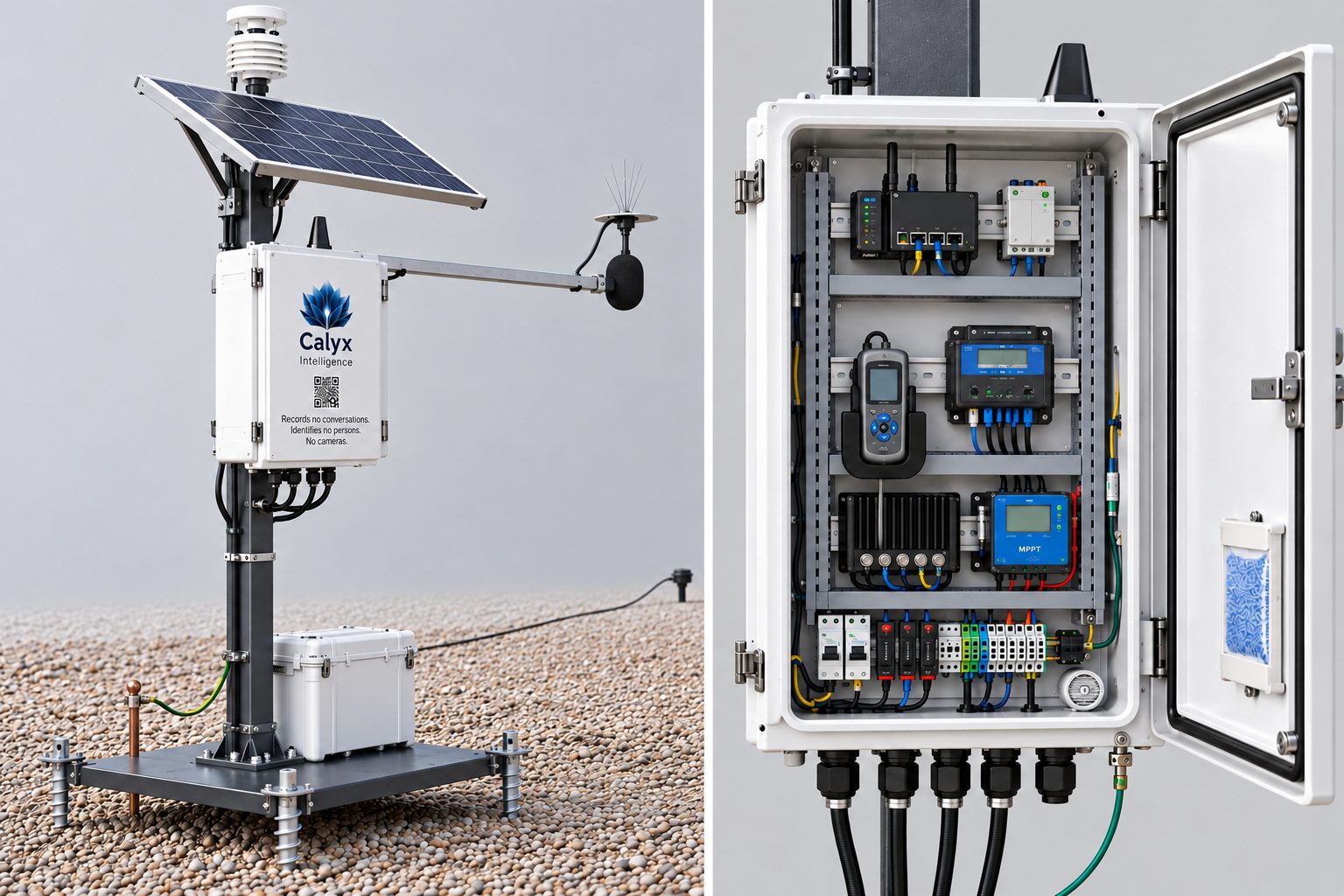 The field node assembled, and its enclosure opened to show the cellular router, sound level meter, vibration recorder, solar charge controller and fused terminals on DIN rails.