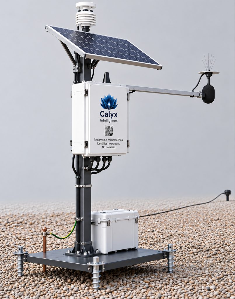 Field node on a steel base plate held down by four helical ground screws.