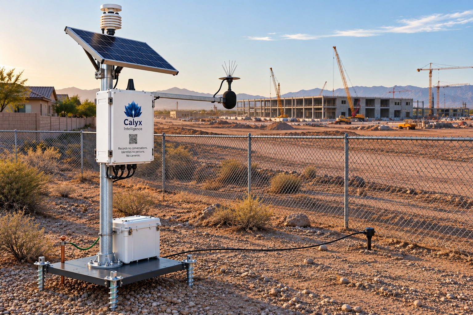 A solar-powered Calyx Field Node standing at a chain-link fence line between desert homes and a large building under construction, with its vibration sensor staked in the dirt a few meters away.