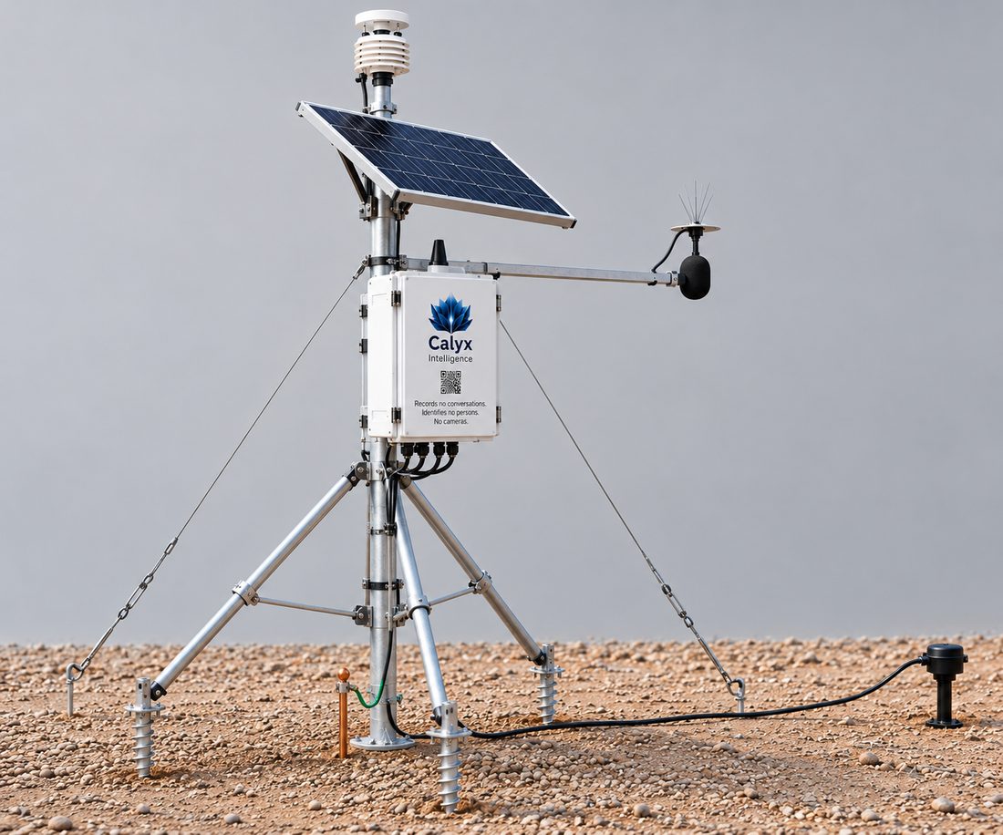 Field node on a guyed galvanized tripod with helical anchors on uneven ground.